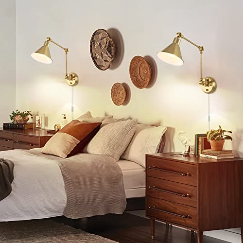 Image of TRLIFE Wall Sconces Plug in, Dimmable Wall Sconces Brushed Brass Swing Arm Wall Lights Plug in Wall Mounted Light Industrial Wall Lights with 6FT Plug in Cord, E26 Base, UL Listed(Two Arms, 2 Pack)