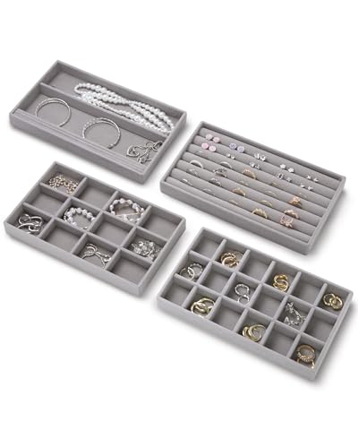 Jastephex Velvet Jewelry Organizer Trays Set of 4,8.3"x4.9"x0.9",Stackable Storage Drawer Organizers Trays for Earring Ring Necklace Jewelry Display Case for Women(4 Set,Gray)