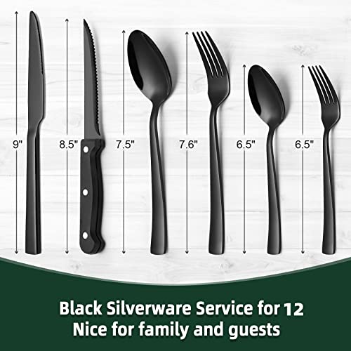Image of 72 PCS Black Silverware Set with Steak Knives Service for 12, CEKEE Food-Grade Stainless Steel Eating Tableware Sets Including Dinner Forks Spoons Knives, Mirror Polished, Dishwasher Safe | CEKEE Stainless Steel Tableware Cutlery Set, Kitchen Utensils Set for Home & Restaurant, Heavy Duty & Mirror Finished