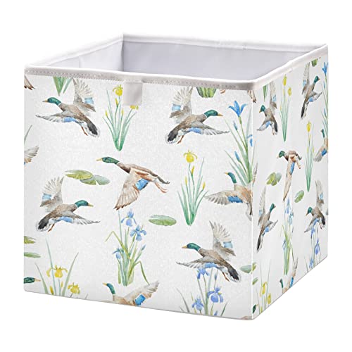 Image of Oyihfvs Flying Mallard Ducks Yellow Blue Iris Lotus with Leaves on White Square Foldable Cube Storage Basket Collapsible Fabric with Handles Bag Organizer Clothes for Home Bedroom 11 x 11 x 11 in