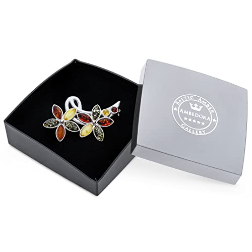 Image of Women's Brooch Colourful Flowers III with Amber, Polished Sterling Silver, Baltic Natural Amber in Three Colours, A Gift for Any Occasion