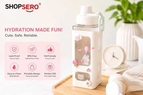Image of Kawaii Bear Water Bottle with Straw & Stickers - 700ml Cute Square Plastic Drinking Bottle for Girls | Portable Juice /Tea /Sports Bottle (White)