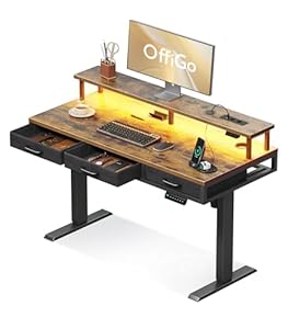 OffiGo Elektrischer Schreibtisch mit Schubladen, 120cm Höhenverstellbarer Schreibtisch mit Monitorständer, Gaming Tisch mit Steckdosen und Lichtleiste, Tisch Höhenverstellbar Bürotisch, Braun