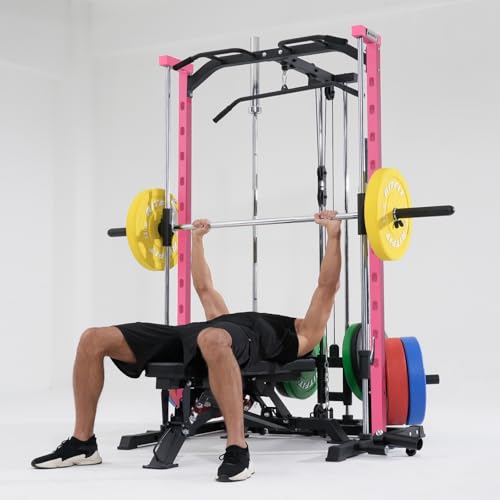 Image of RitFit Smith Machine Power Rack with LAT-Pull Down System, Landmine, Barbell Bar, Plate Storage Pegs and More Training Attachment