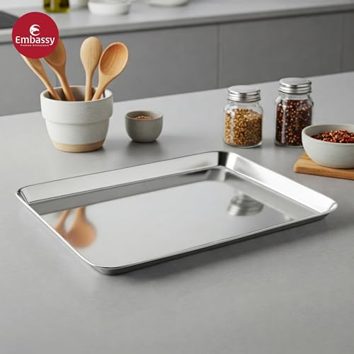 Image of Embassy Stainless Steel Rectangle Deep Tray | 33x22 cm (L x B) | Serving Tray for Kitchen | Food Tray for Parties, Catering, Dining, Baking & Everyday Use | Dishwasher Safe & Easy to Clean