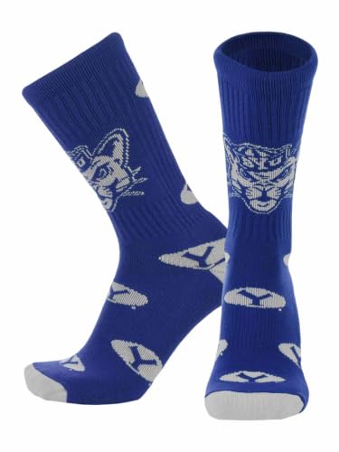 TCK BYU Cougars Crew Socks - Mens & Womens NCAA Fan Apparel - Mayhem (Royal/White Made in USA Large)