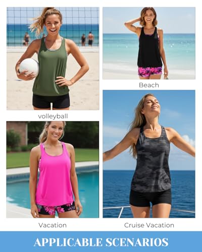 Image of Aqua Eve 3 Piece Tankini Swimsuit for Women Tank Bathing Suit with Shorts Open Back Athletic Swimwear