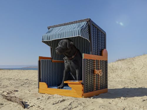 Outgarden Hundestrandkorb Kieferholz | Hundehütte inkl. Schützhülle | Schwenkbarer Wasser-/Futternapf | Sonnenschutz für Hunde & Katzen | Schwarz mit blau weißen| Perfekt für kleine Hunde