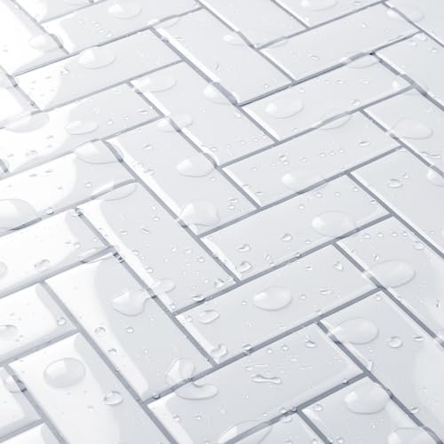 FunStick 15 Tiles White Peel and Stick Backsplash Tiles for Kitchen Bathroom 12\"x12\" Removable Herringbone Stick on Back Splash Stick on Tiles Kitchen White Wall Tile Stickers for Shower Laundry Room - Thumbnail 4