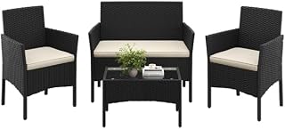 Yaheetech Rattan Gartenmöbel-Set, 4-teilig, Outdoor Lounge Möbel, Tisch, 2 Stühle, 2-Sitzer-Bank, mit Outdoor Kissen wetterfest, Terrassenmöbel, für Terrasse (Schwarz (Rattan) & Beige (Kissen))