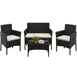 Yaheetech Rattan Gartenmöbel-Set, 4-teilig, Outdoor Lounge Möbel, Tisch, 2 Stühle, 2-Sitzer-Bank, mit Outdoor Kissen wetterfest, Terrassenmöbel, für Terrasse (Schwarz (Rattan) & Beige (Kissen))