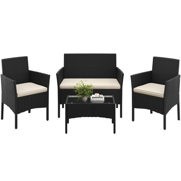 Yaheetech Set da Giardino in Rattan, 4 Posti, con divano a 2 posti, 2 sedie, tavolo e cuscini per seduta resistente alle intemperie, Salotto da Siardino Esterno, per Terrazza Balcone Patio