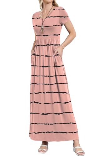 Image of EUOVMY Women's Short Sleeve Loose Plain Maxi Dresses Casual Vacation Long Dresses with Pockets