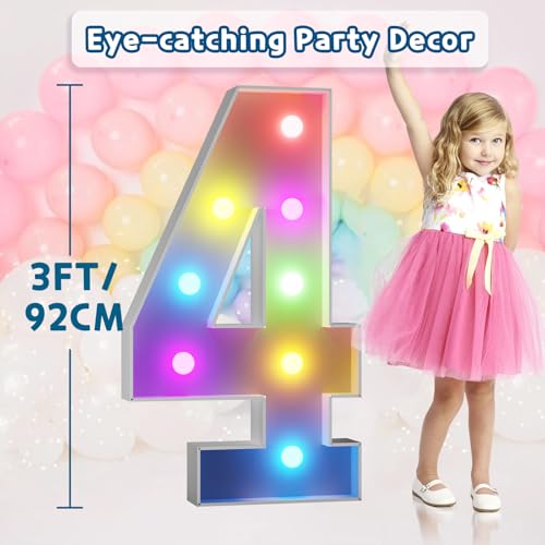 Image of Imprsv Colorful 3FT Marquee Numbers 4, 18 Colors Large Light up Numbers | RGB with Remote, Birthday Party Decorations Anniversary Wedding Decorations Assembly Required 22 Pcs Accessory Set