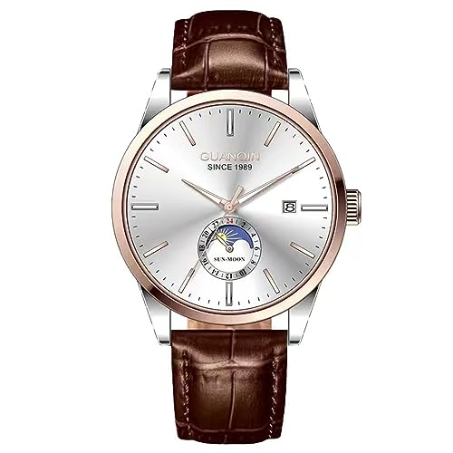 Guanqin Orologio da polso da uomo, multifunzione, automatico, a carica automatica, con zaffiro, calendario aziendale, fasi lunari, impermeabile, in acciaio inox o cinturino in pelle, Rosa Bianco