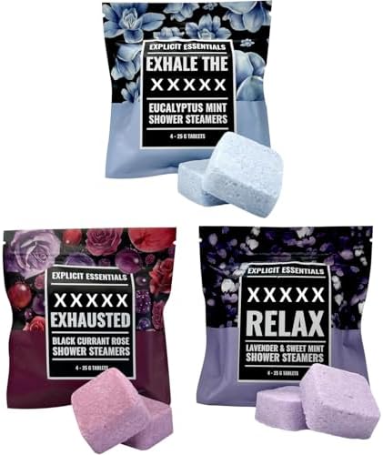 Explicit Essentials Shower Steamers Gift Set | 12 Aromatherapy Shower Steamers (3 Scent Trio) | Black Currant Rose, Lavender Mint & Eucalyptus Mint | Relaxation & Stress Relief Spa Gift for Self-Care