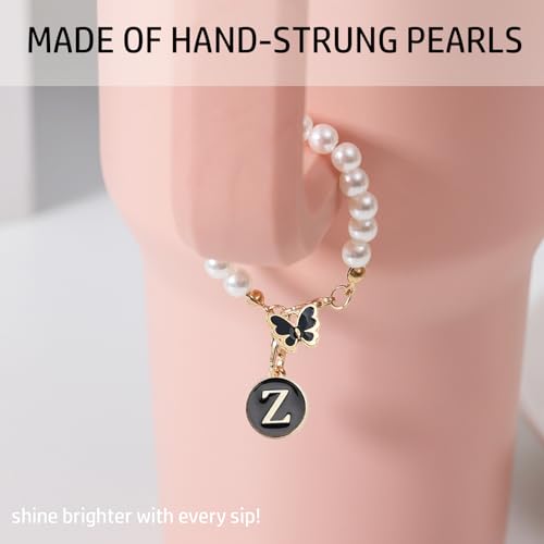 Image of Letter Charm for Stanley Cup,Pearl Chain Accessories Stanley Cup Initial Charms for Handle Stuff Decor Water Bottle Jewelry Tumbler Cute Personalized Name ID Decorations Black Tag (Z)
