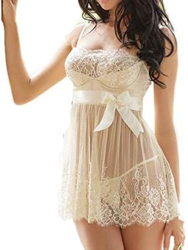 Atezch_ White Bridal Mesh Lace Nightdress Chemise Crochet Bow Dress Sleepwear Robes Mesh Lace Nightwear (White, M)