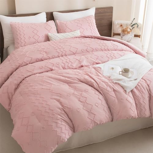 Image of Andency Pink Tufted Comforter Set Queen(90x90Inch), 3 Pieces(1 Boho Comforter, 2 Pillowcases) Textured Farmhouse, Soft Down Alternative Geometric Bedding Set