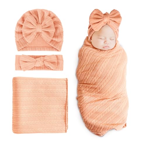 Image of DRESHOW BQUBO Newborn Receiving Blanket Toddler Warm for Girls with Bow Hat and Bow Headband Shower Gift