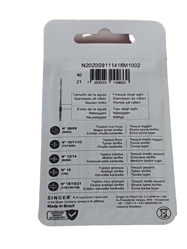 Singer 10 Original Nähmaschinen Nadeln Sortiment 2020 Stärke 70/09 80/11 90/14 100/16 für gewebte Stoffe
