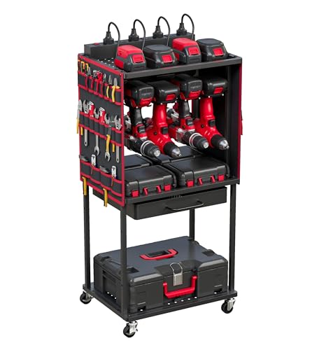 Luffioner Power Tool Organizer Cart with 8 Outlets Charging Station