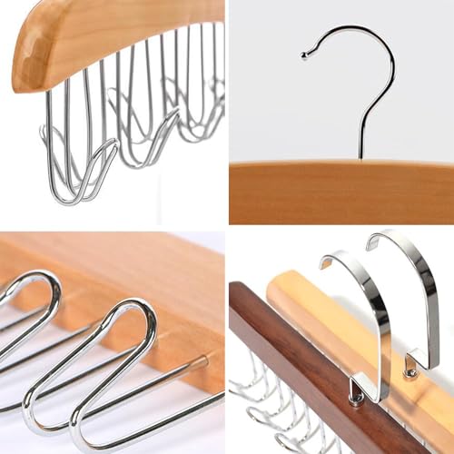 lomdung 3 Stück Multifunktional Holz Kleiderbügel, rutschfeste Garderobe mit 8 Stück Haken, 360° Drehbar Krawattemhalter, Qualitäts Kleiderbügel Platzsparend, für Gürtel Fliege Schal und Hut