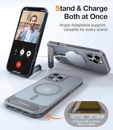Image of TORRAS Strong Magnetic & Seamless Stand Case for iPhone 16 Pro Max, Fit for MagSafe, Military Grade Drop Protection, Adjustable Kickstand, Slim Frosted Matte Grey