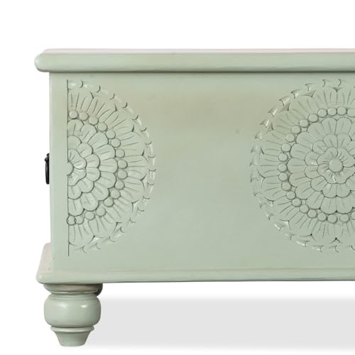 Image of Rafi Wooden Trunk Box for Storage | Solid Wood Coffee Table for Living Room | Center Coffee Table with Storage | Front Wooden Carved Sandook Pitara for Home Decor & Bedroom (Green Ela)