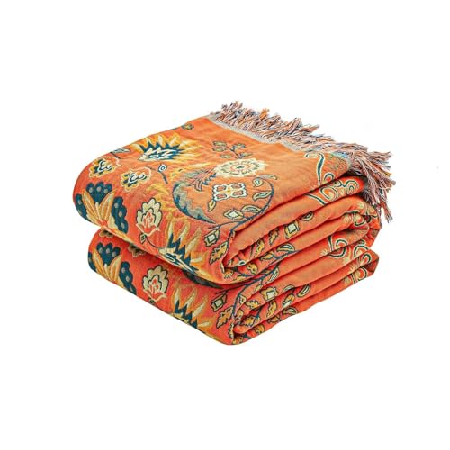 Image of XIBLC Boho Throw Blanket, 100% Cotton Ultra Soft Luxury Throw Rustic Quilt, 90 inchx98 inch Floral Printed Farmhouse Decor Bed Summer Blankets, All Season Rustic Reversible Bohemian Throw for Bed - Orange