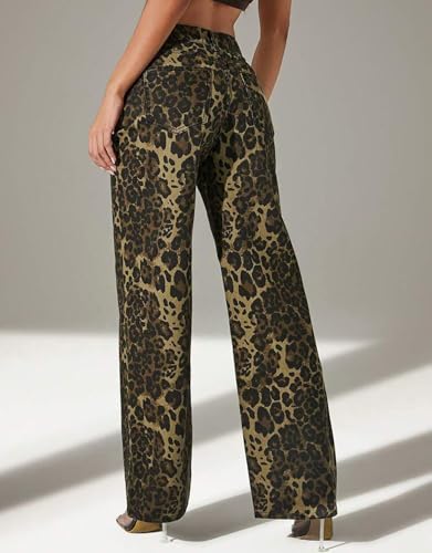 Kedera Women's Leopard Printed Wide Leg Jeans Baggy Straight Jeans Casual Boyfriend Mid Rise Ankle Denim Pants2