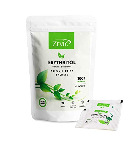 Zevic 100% Natural Erythritol Sugar Free Sachets | Zero Calories Sweetener Sachets | Vegan & Keto | Sugar Substitute Sachets Diabetic Friendly - 40 Sachets