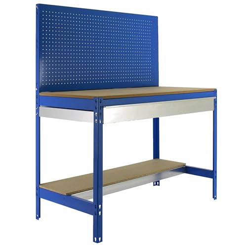 Simon Rack Etabli d’Atelier, Capacité de Charge 600 kg, 1445x1210x610 mm, Panneau Perforé, Étagère Tiroir de Rangement, Table de Travail Bricolage, Bleu/Bois - BT2