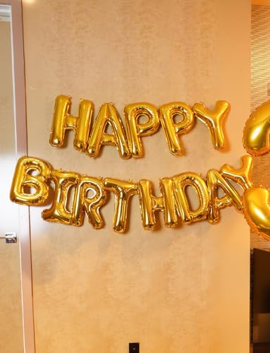 Image of Happy Birthday Balloon Banner, 16 Inch Gold Happy Birthday Foil Balloons, Gold Hbd Balloons Letter Mylar Balloon, Birthday Sign Party Decorations for Women Men Boys Girls