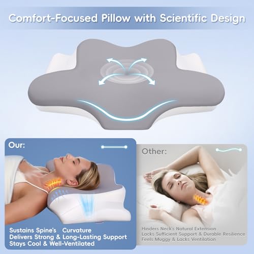 Image of Cervical Neck Pillow, Memory Foam Pillows for Neck & Shoulder Pain Relief, 2 Heights Ergonomic Pillow with Breathable Ice Silk Cover, Neck Support Pillow for Stomach Sleepers Grey