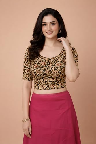 Image of Amazon Brand - Anarva Women's Kalamkari Print Cotton Stretchable Round Neck Readymade Saree Blouse