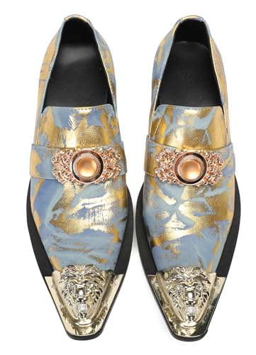 Santimon Mens Loafers Party Dress Casual Metal-Tip Dragon Toe Slip On Leather Rhinestone Beaded Penny Loafers Western Disco Prom Gold Gitter Summer Shoes for Boys4