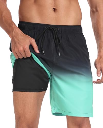 Mens Swim Trunks with Compression Liner 2 in 1 Quick Dry Swimming Shorts Swimwear Bathing Suits with Pockets