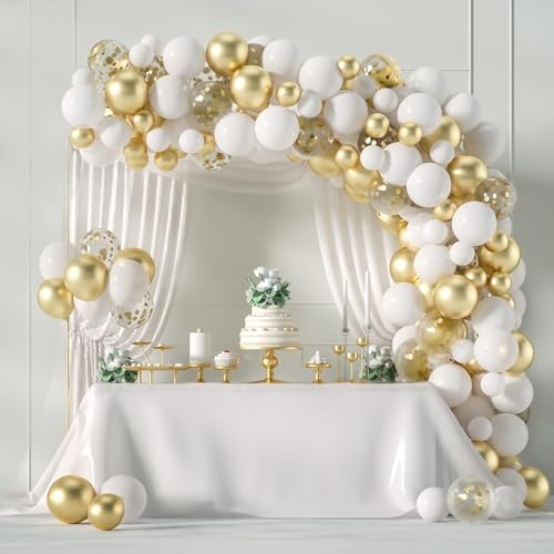 Image of White and Gold Balloons Arch Kit,130pcs Gold and White Balloon Garland,Different Sizes White Latex Balloons for Wedding,Engagements,Birthday,Baby Shower Anniversary Decorations