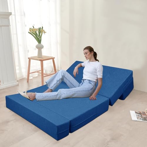 Image of Rosebell - One Seater Sofa Cum Bed, Foldable Sofa Bed 3 X 6 Feet, Jute Fabric- Washable Cover- Including 1 Cushion Perfect for Home & Office - Blue-Color
