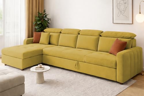 Image of Casaliving Gagnon LHS 6 Seater L Shape Corner Sofa Cum Bed for Living Room (Yellow Fabric) Premium Fabric Sofa