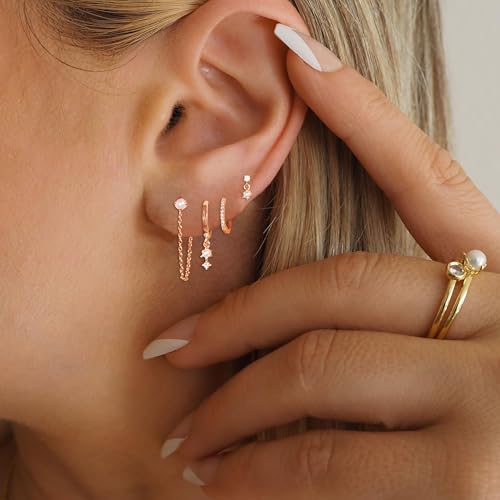Image of Gold Plated Earrings for Women, 14k Gold Plated Earring Stack Hypoallergenic Pearl Drop Earring Dainty Earrings for Women Trendy Cute Small Huggie Hoop Earring Fashion Womens Jewelry