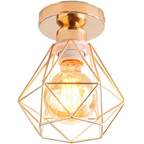 TOKIUS Lámparas de Techo Diseño de Jaula de Hierro Dorado Ø 16cm Vintage Lámpara Colgante Iluminación de Techo de Interior para Pasillo, Porche, Cocina, Dormitorio (# Plafón Oro)