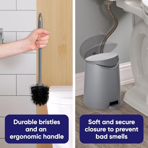 Image of Superio Bathroom Trash Can with Toilet Brush Set Grey Modern 6 Liter Small Waste Basket Plastic Step On Garbage Can and Toilet Bowl Cleaner Bathroom Accessories Set, Grey