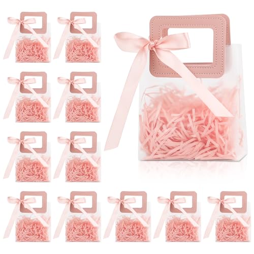 12 Pcs Small Clear Gift Bags with Handles, 5.9" x 5.3" x 2.7" Mini Reusable Frosted Tote Bags with Pink Ribbon, Pink Square Leather Handles Plastic Gift Wrap Bags for Party Favor Bridal Party Baby Shower Wedding Birthday
