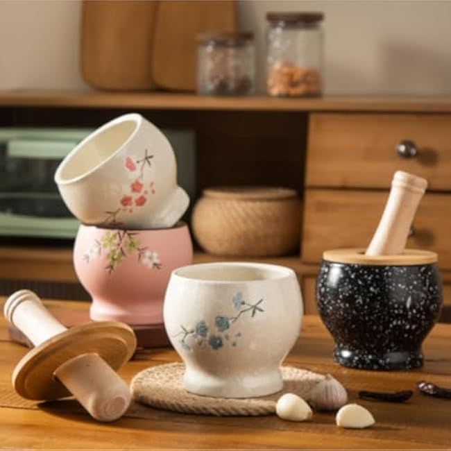 Mortar and Pestle Set Ceramic Garlic Pounder Kitchen Crusher Household Grinder Garlic Mortar Set Seasoning Spice Tools(Red)