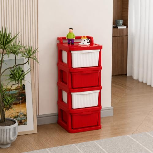 Image of JD FRESH 4 Tier Plastic Storage Drawer Cabinet with Wheels /Plastic Storage Drawer /Multipurpose Chest of Drawer /Storage Box for Living Room, Office and Home /Toys Organizer for Kids Room (Red)
