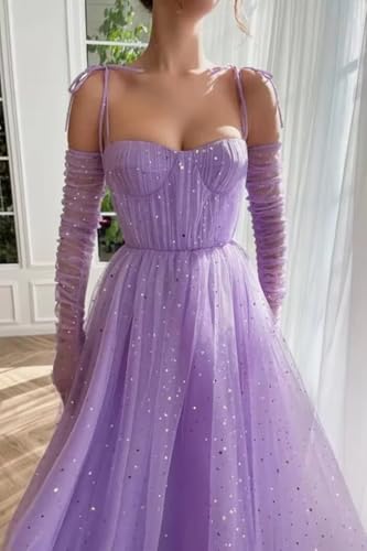 Zepumen Sparkly Starry Tulle Prom Dresses for Women Long Sleeves Spaghetti Straps Long Formal Evening Party Gowns4