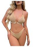 OYOANGLE Women's 2 Piece Bikini Set Shell Crochet Halter String Triangle Swimsuits Khaki Small