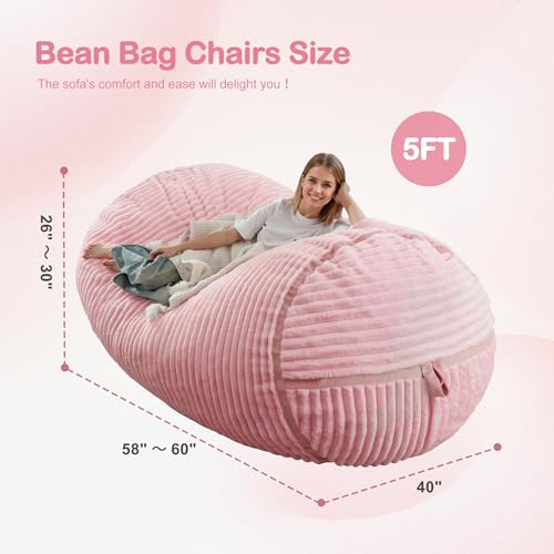 Image of 5FT Bean Bag Chair 5'Giant Bean Bag Chairs with Adults, Large Beanbag Chair | Bean bag Lounger with Machine Washable Cover Corded Plush Fabric, Comfy Chairs for Living Room Bedroom Dorm, Pink
